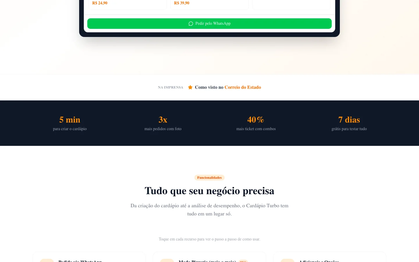 Imprensa e funcionalidades do Cardápio Turbo